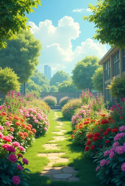  I WANT A HORIZONTAL IMAGE OF A GARDEN WITH FLOWERS OF DIFFERENT COLORS, WHERE THERE ARE AREAS WITH GOOD LIGHTING AND OTHERS WITH SHADOWS 