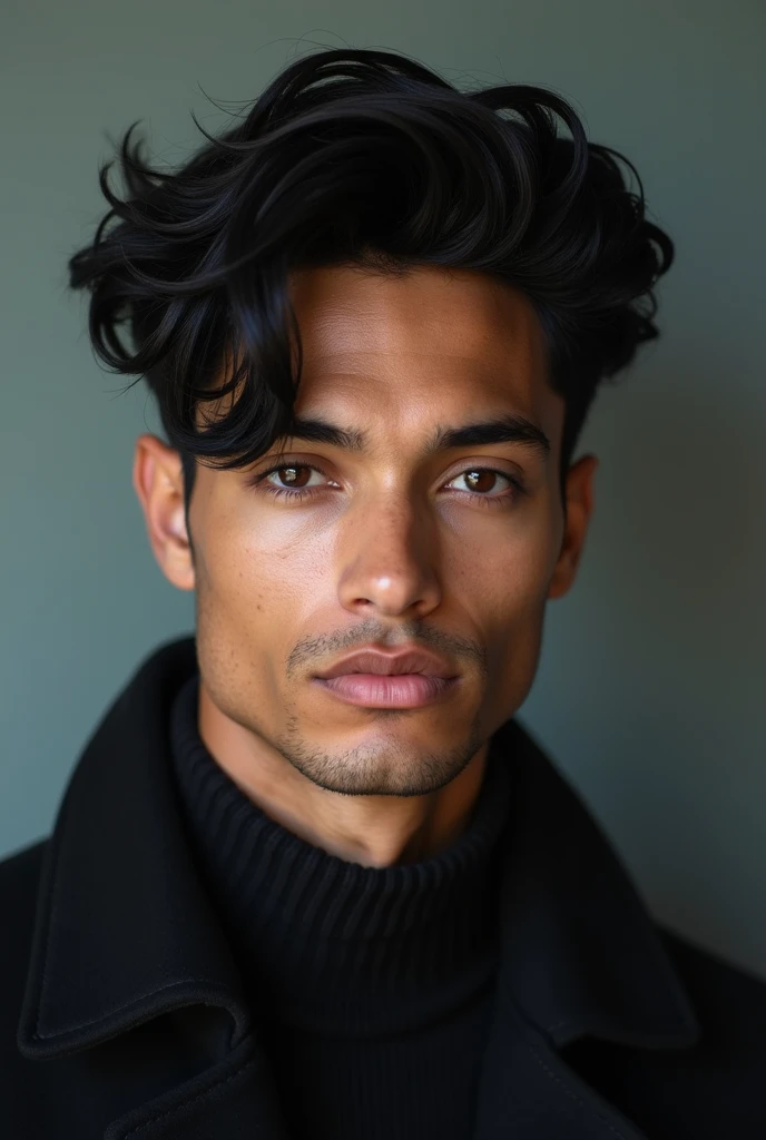 A mixed man with black hair who models the shade 