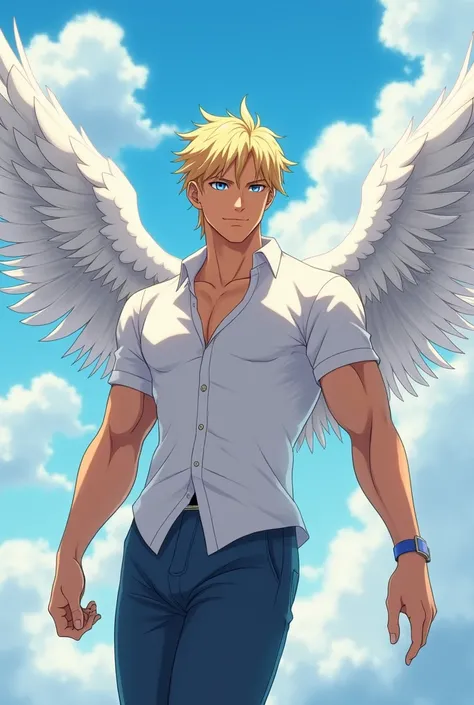 handsome adult man,  short blond hair,  blue eyes , white wings,  athletic body ,high, casual attire,  anime style 