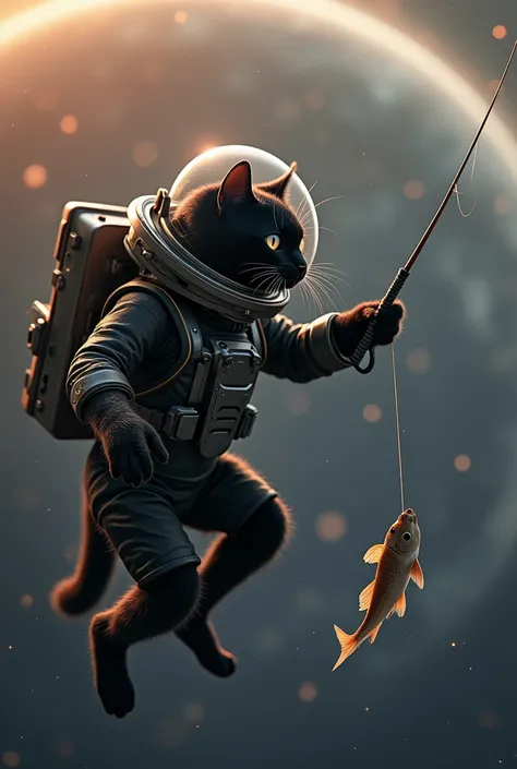 in orbit around a planet, Black cat wearing a futuristic astronaut suit fishing for alien fish, super high definition, photo realistic sharpness texture, (realistic skin textures: 1.2), film grain,