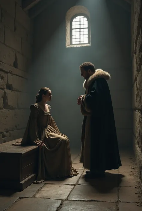 Scene: Anne Boleyn in her cell , staring into the void,  while Henry VIII visits her for the last time,  with both showing a mixture of sadness ,  desperation and resignation .