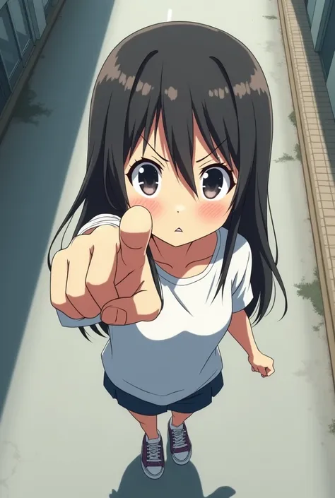   1 girl,   Looks at the viewer from the left  ,   points with her fingers at the observer   ,  top view  , annoyed facial expression  ,  street clothes wear a  , Top view ,   the finger points at the viewers point of view ,
Anime-Series, Anime-Series-Stil...