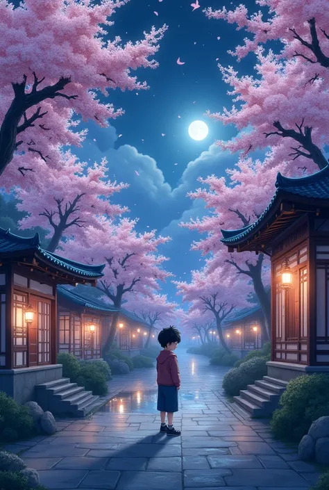 Spring in hapan with sakura trees in night time and there is boy