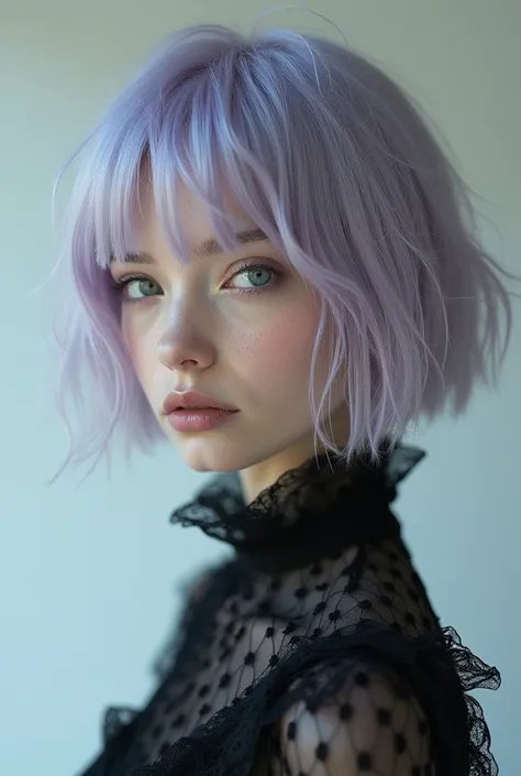 A very thin woman with short hair with gray lavender wigs 