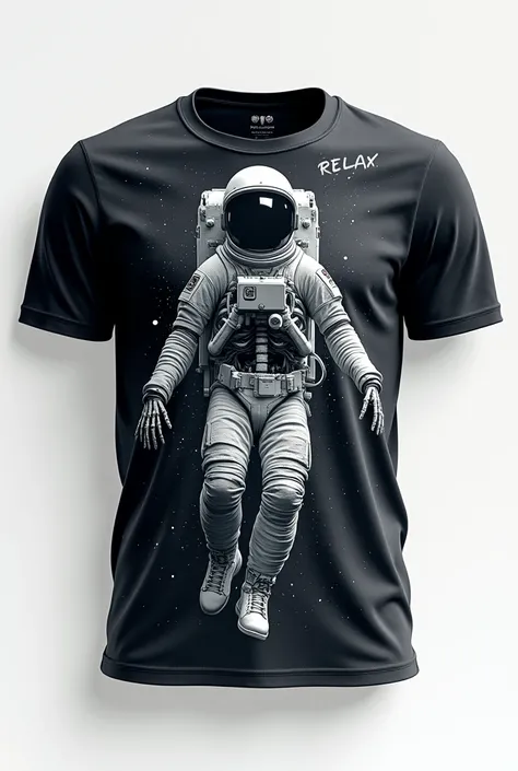 on a white wall background  ,  a black shirt ,  the print on the shirt is of a skeleton in an astronaut suit floating in space.  with the phrase RELAX written in ghostly capital letters below   , Its for my clothing brand  . 