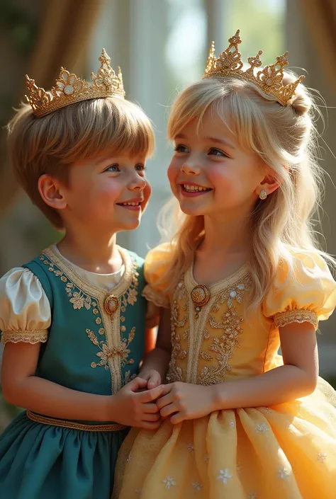  boy and his  sister in princess costumes,blond,realistic real people