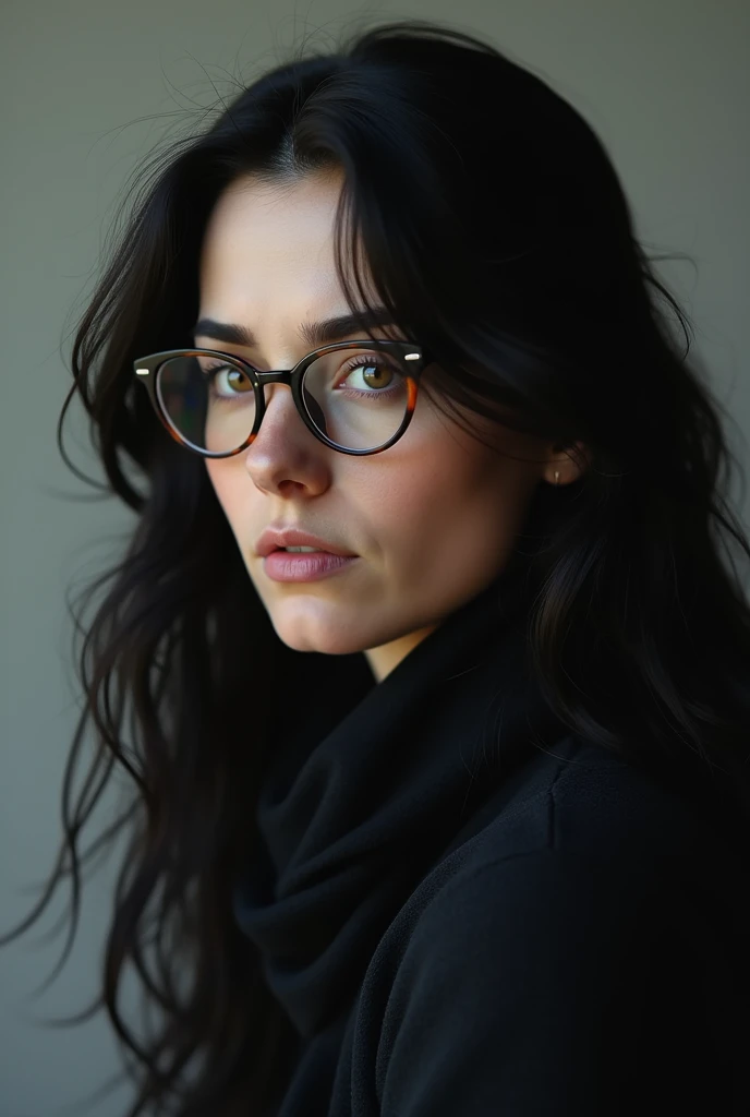 40 year old German woman with long black hair, brown eyes and wears glasses. 