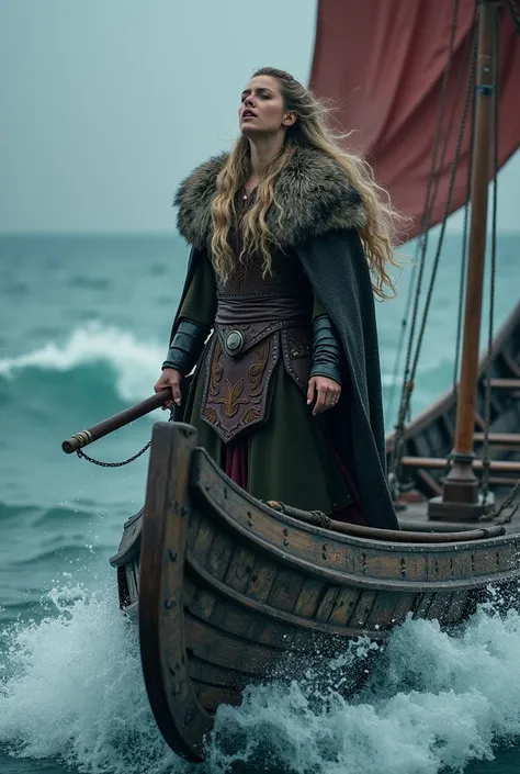 Mulher viking, king,  with long wavy hair, sung on a boat 