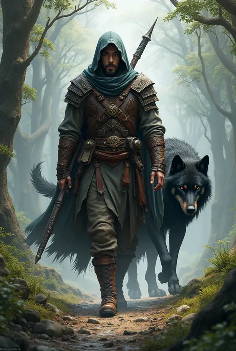  Character D &Human D , Oriental traits , muscular,  ranger class , full leather armor, cape and hood and large compound bow,  with giant black wolf at his side . 