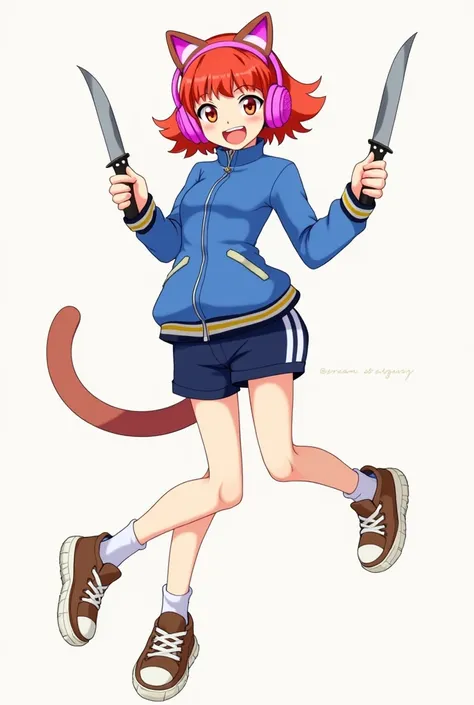  female character ,  red hair ,  pink cat audiophones , silly laughing face , Chaqueta azul,  dark blue shorts ,  brown sports shoes with white socks, Knives in the hand.