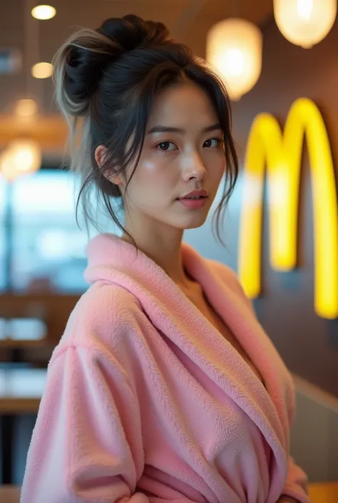 A sexy still very young looking 50 yearsold mature Japanese girl her completely hair in a a big Bun hairstyle her hair graying transition from jet black fading to silver at the ends, her hair complements her mature yet youthful appearance wearing a pink ba...