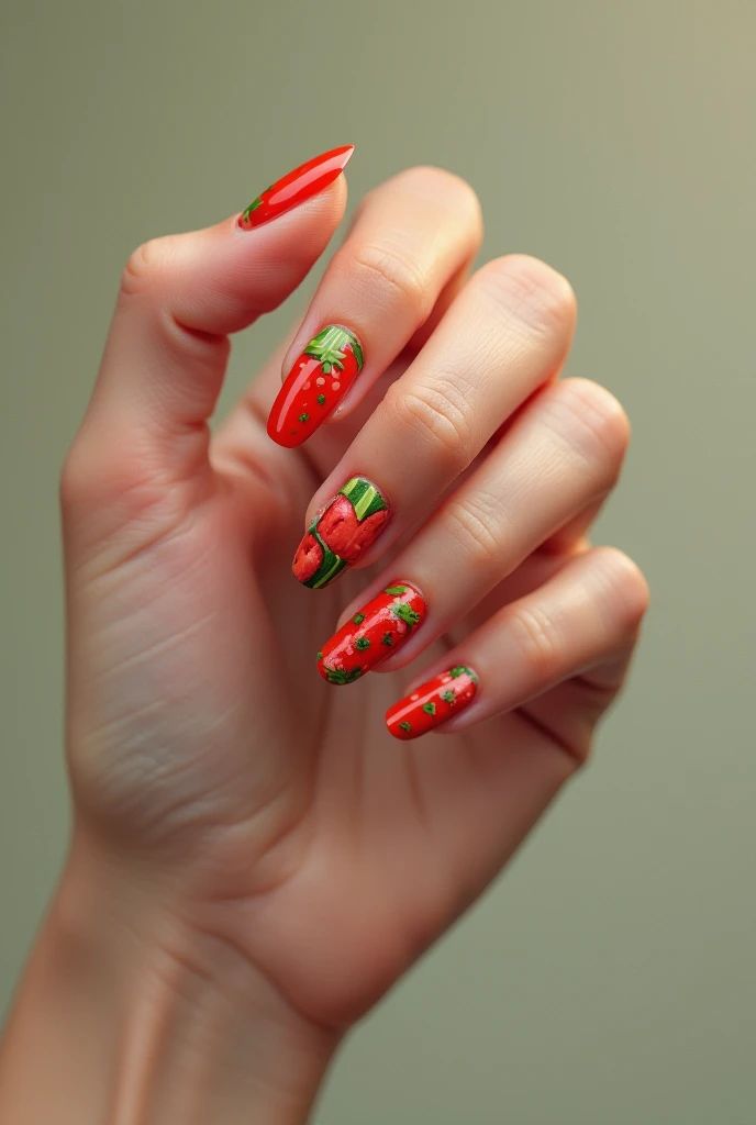 Krumnvm plan female hand with manicure: tomatoes and cucumbers are made with gel on the nails