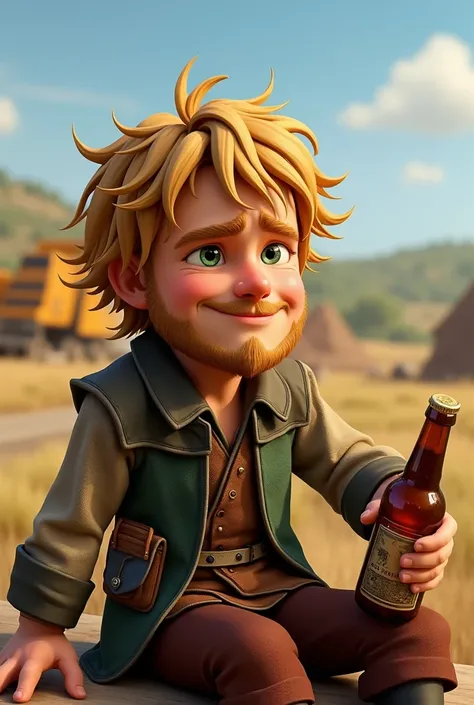 "Create an image of a beardless Tyrion Lannister enjoying a bottle of beer. Hes sitting near a road construction site in the countryside, with a rural landscape in the background. His expression is happy and carefree, as if hes enjoying a moment of rest. T...