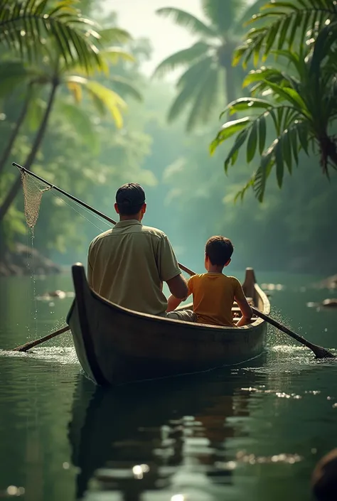 45-year-old dark-haired father with a cap and a 15-year-old teenage son fishing in a canoe with fishing nets in the Amazon 