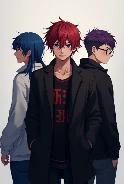 three men with their backs , black coat. No meio um de black eyes,  with dark red hair, wearing a black and red shirt , brave face, black eyes. Another teenager on the left side,  long straight blue hair close to the shoulder, White shirt with blue, blue e...