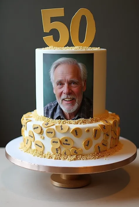 A cake with edible paper that has a photo of a person but that also shows in the image how old they are 50 years old and at the other extreme it would be half a pack
