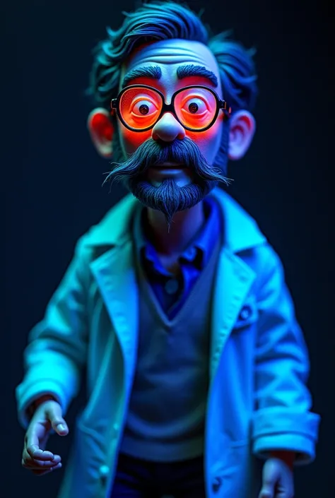 A puppet of a scientist who has the traits of several chemistry scientists and who stands out in the black light 