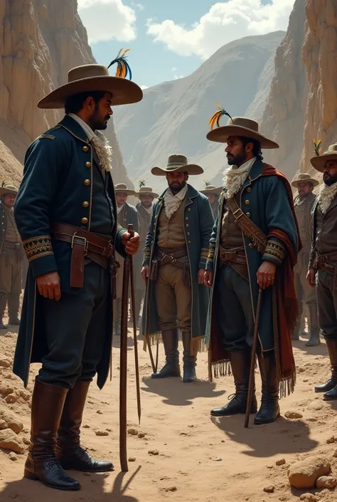  It represents Spanish supervisors watching indigenous workers in colonial mines.  Supervisors wear wide-brimmed hats in dark tones , such as brown or black ,  some adorned with feathers ,  reflecting their status .  They wear long, tight jackets in dark c...