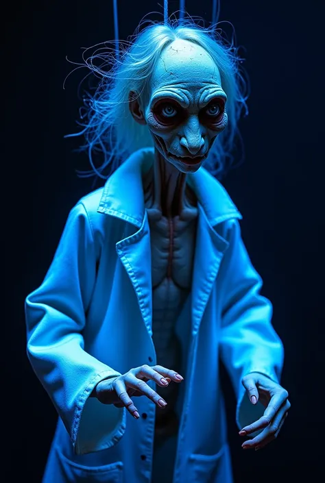 Puppet of a scientist in black light