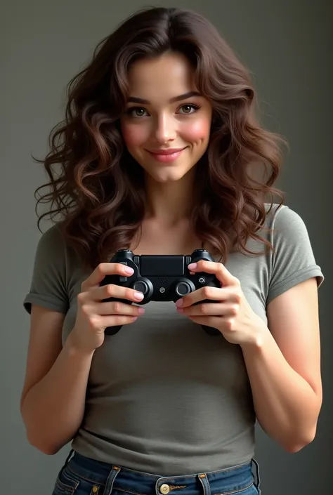 A brunette girl with curly hair and big bobbs holds a Controller in His hands 