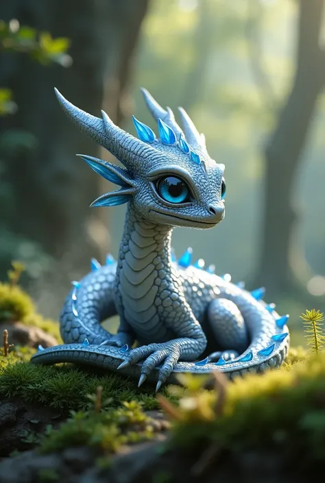 Create a baby silver dragon with blue eyes