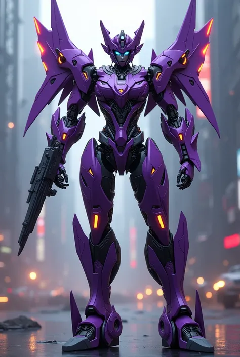 Generate an image of a female Transformers inspired by a purple fighter jet 