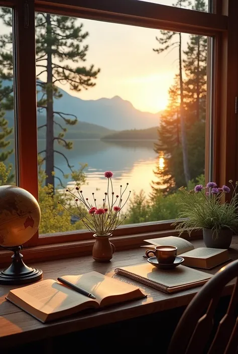 A serene, peaceful study corner by a large window with a view of a calm lake reflecting the sunset sky. The room is cozy, with a wooden desk scattered with open books, a vintage globe, and a steaming cup of tea. On the desk, there is a notebook with a pen ...