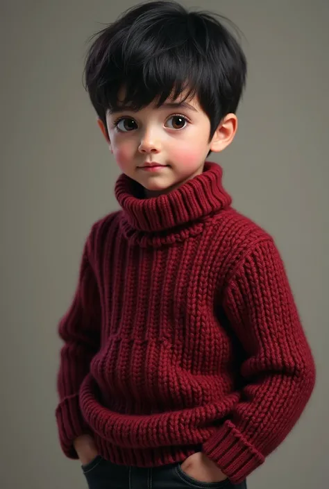  boy, short black hair , cherry sweater, black denim pants, Photorealistic 