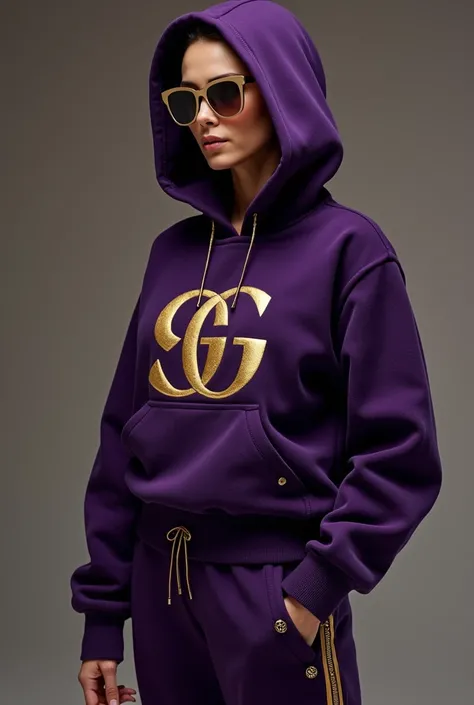 Create a pair of sweatpants and hoody in dark purple with gold accents and a monogram from the letters P G