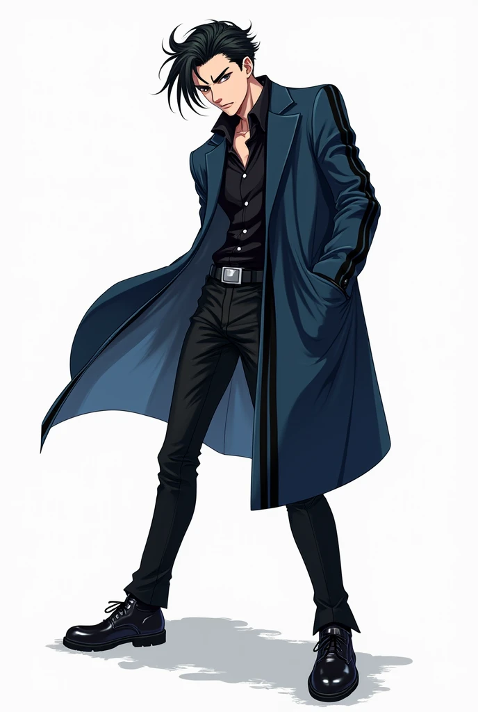 ((Artwork)), (Art_Style_Soul_Eater), ((8K)), 1 man, 19-years-old, black hair slicked back, iris color [black], side cut scar near the lip, wearing a dark blue suit with black stripes, wearing black leather pants, wearing dress shoes. [White background], [[...