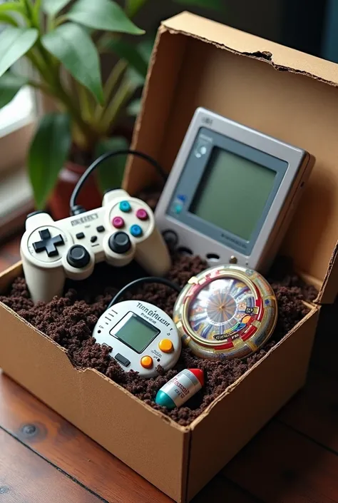 Criar uma box com um controle de PS1, um Tamagotchi, uma beyblade e um game boy
