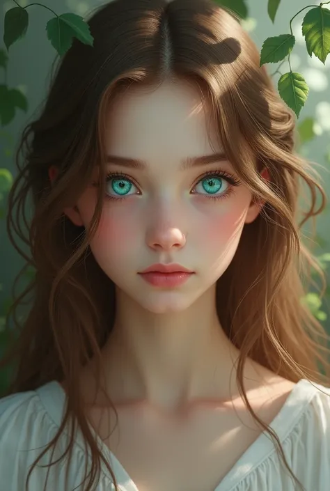 a  girl with brown hair and very light turquoise eyes . However ,  it is important to note that natural very light turquoise eyes are very rare in humans.  Perhaps you are referring to a person with a particular look or a fictional character with this char...