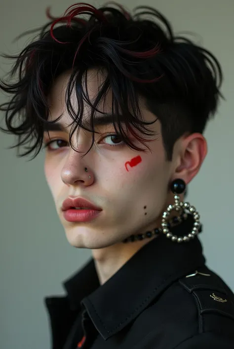  A 20-year-old ,  male , thin lips ,  medium nose,  marked jaw ,  black hair with red fringe , septum piercing ,  eyebrow piercing and small hoop earrings 