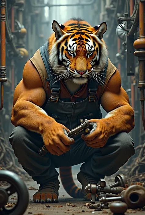 Tiger working as an industrial mechanic 
