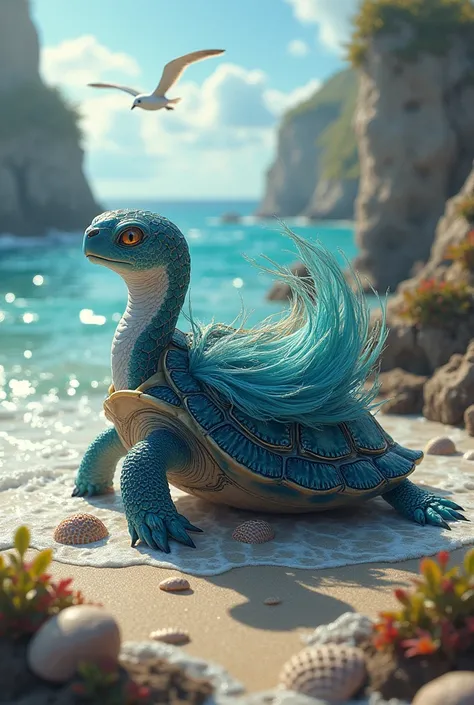 Create an ultra-realistic masterpiece of a hybrid animal that combines the graceful turtle and the enchanting Selkie. This unique creature should feature the streamlined shell of a turtle adorned with the flowing, iridescent fur of a Selkie, showcasing a s...