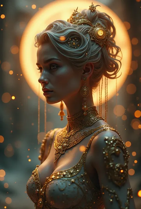 The goddess, fortune, highly technologically advanced and cybernetically improved.  High resolution,  masterpiece, Winner Award ,  Best quality , High details,  lyrics,  Ultra High Definition , Optical illusion, impressionism, Art Deco,  cinematographic , ...