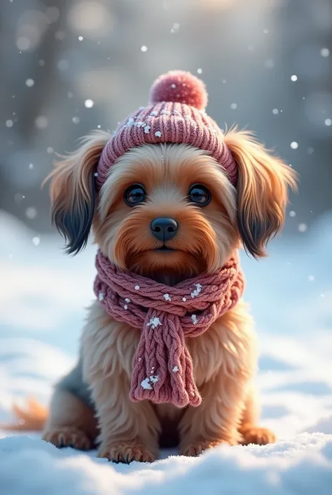  Yorkshire Tibetan terrier with hanging ears, in the snow, Snowflakes and hat and scarf  