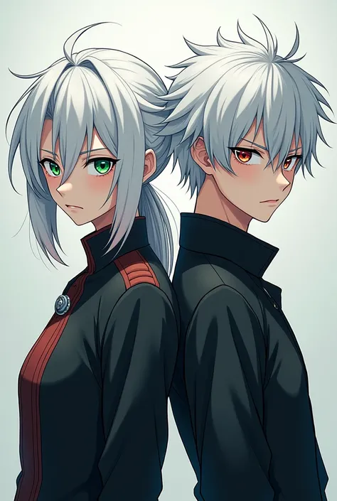 twins, a man and a woman, Teenage movies white and green eyes .  Jujutsu Kaisen anime style with white hair. That youre n looking straight ahead  