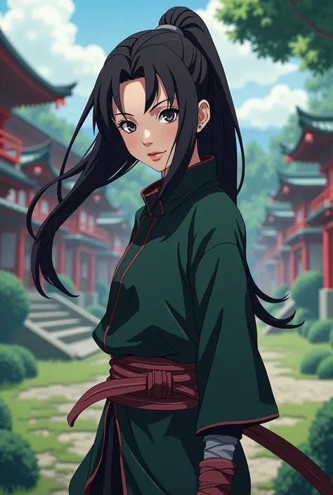  A beautiful ninja girl in Naruto anime style with dark brown hair, dark eyes, Naruto style 