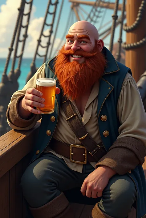 un jeune pirates chauve avec une belle barbe rousse un peu petit un peu rond boit une pinte de bière il est sur un bateau de pirate a coté dun canon de pirate il est content la photo est réaliste