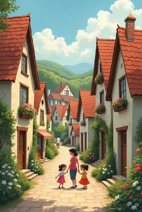 Illustrations of towns, families and their houses
