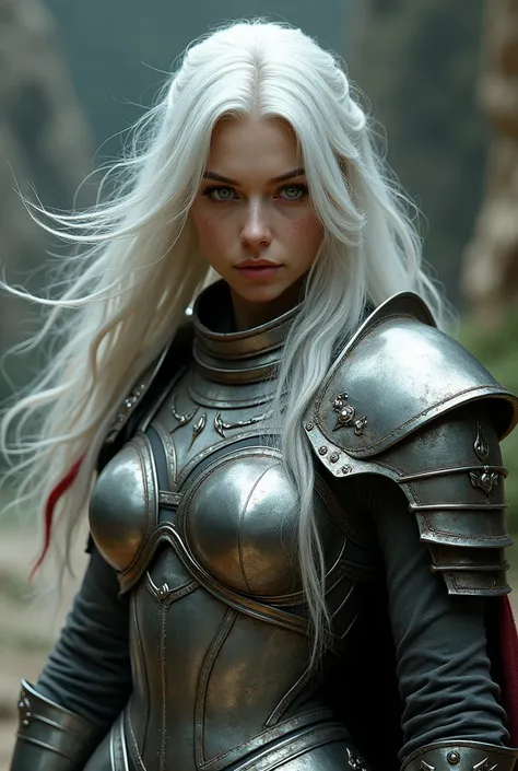 A white-haired woman with reddish ends of her hair, Green-eyed and dressed in steel armor.