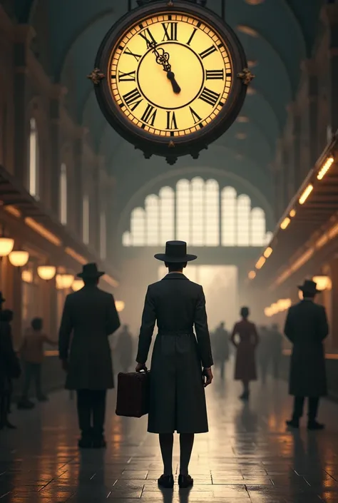  A person in classic clothes ,  holding a leather suitcase and looking at the station clock, anxious for the next train .  Atmosphere of nostalgia and expectation .
