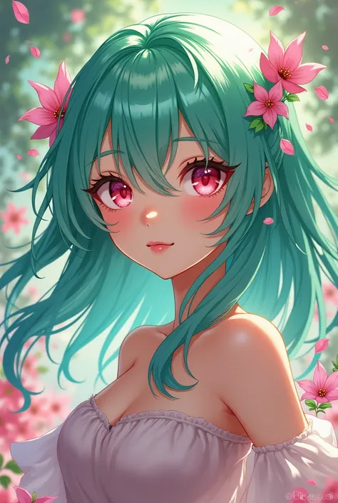 manhwa girl with green hair pink eyes