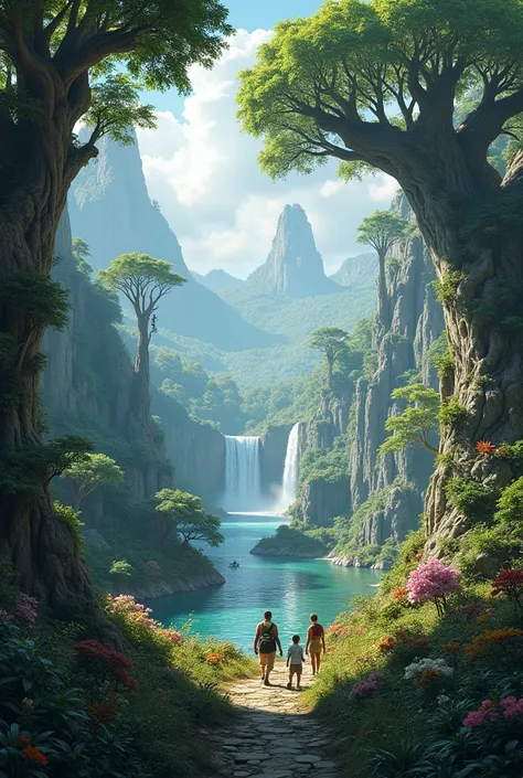 a detailed fantasy landscape, lush overgrown vegetation, diverse wildlife, people wandering in the scene, detailed textures, vibrant colors, dramatic lighting, photorealistic, 8k, high quality, intricate foliage, towering trees, cascading waterfalls, majes...