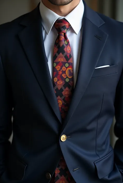 Dark navy blue complete suit with golden button and color full tie