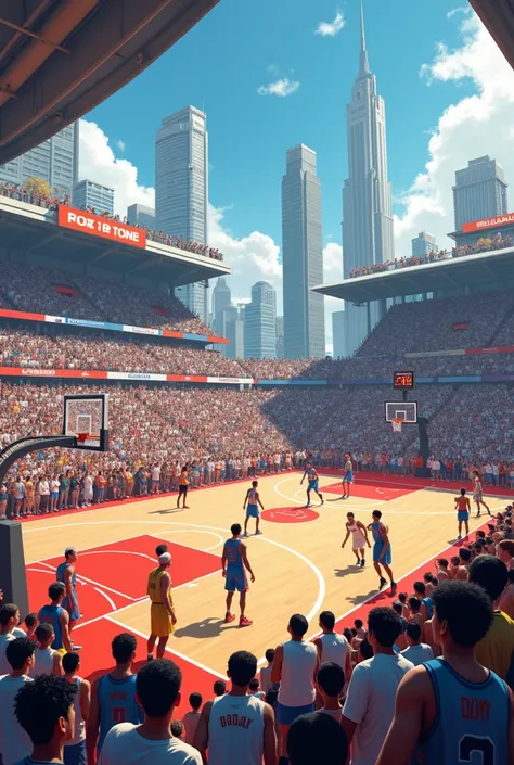 Create an image of a basketball court full of people