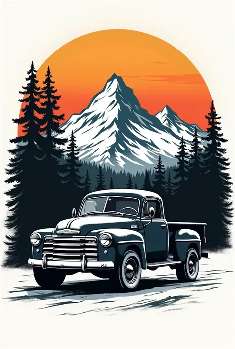 Illustrate a retro-style t-shirt design with a mountain range, pine trees, truck and a vintage sunset. The color palette should include snowy black and white, with a faded, nostalgic look as if its from the 70s.