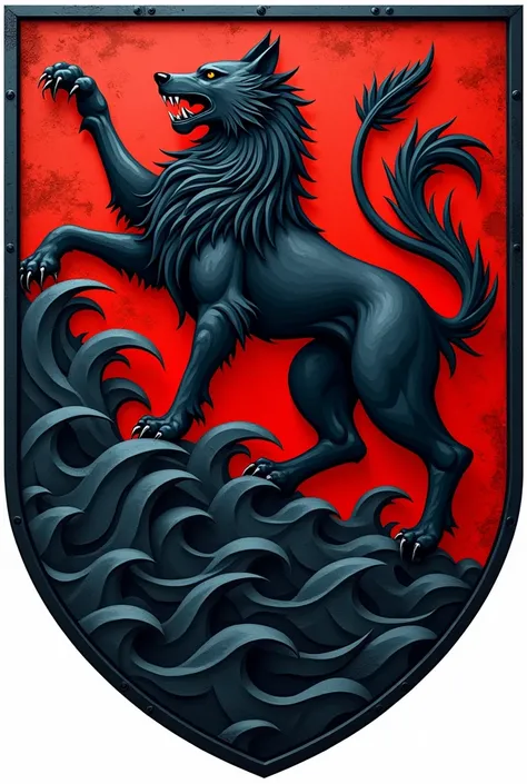  medieval style heraldic emblem ,  with a field cut diagonally ,  in the center a black rampant wolf facing left , The lower field is crossed by 4 waves 