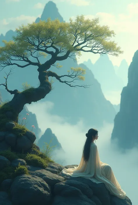 a woman sitting on a rock next to a tree, beautiful gorgeous digital art, made of bonsai, anime keyframe, tomas kinkade, the taoist temples of huangshan, fabian wagner cinematography, ann long, gaia, connectedness, beautiful lonely girl, inspired by Michae...